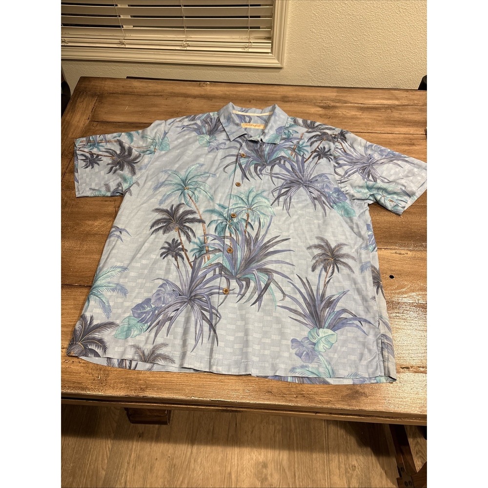Tommy Bahama Shirt Mens XL Blue 100% Silk Button Foliage‎ Hawaiian Palm Leaves